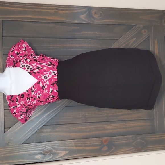 Pink Animal Print Dress with Black Skirt - Picture 1 of 5